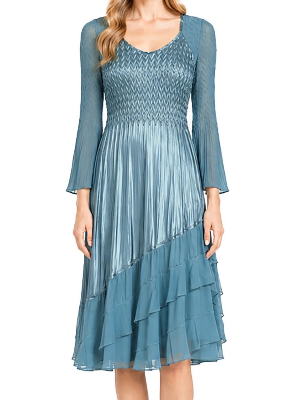 NWT Komarov Tulip Sleeve Diagonal Chiffon Tiers Silver/Blue Midi Dress Size L